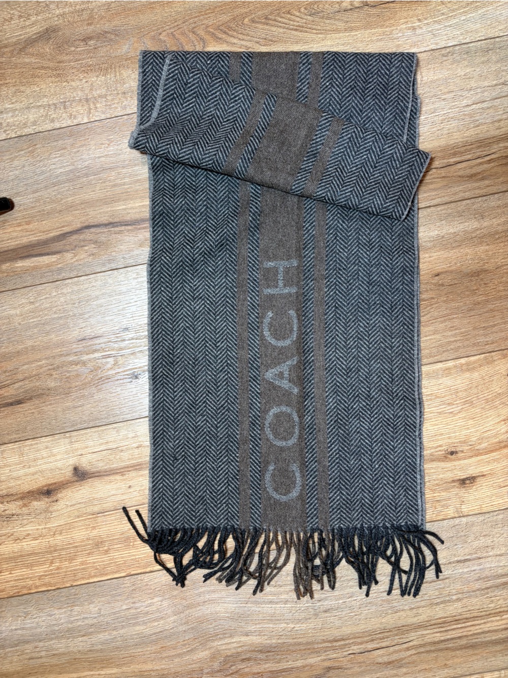 COACH Charcoal Gray & Black Herringbone Wool Blend Fringed Winter Scarf Muffler